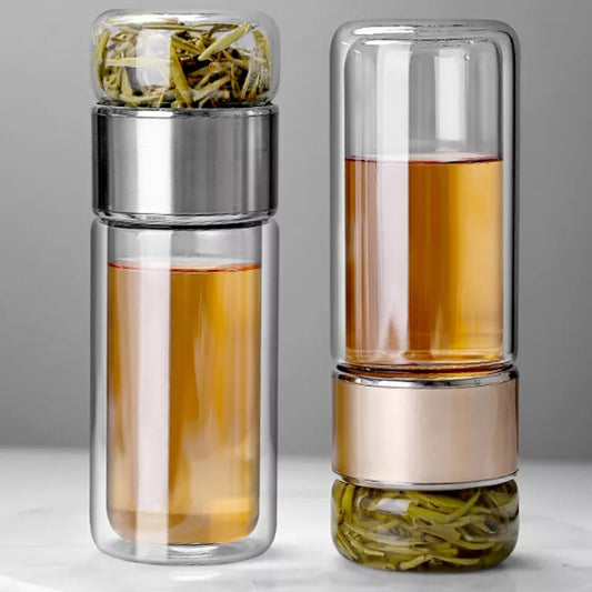 زجاجة ماء للشاي و الأعشاب من الزجاج البوروسيليكات عالي الجودة بطبقتين