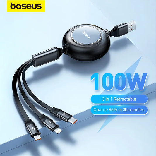 Baseus Retractable 100W/66W 3 in 1 USB Charge Cable